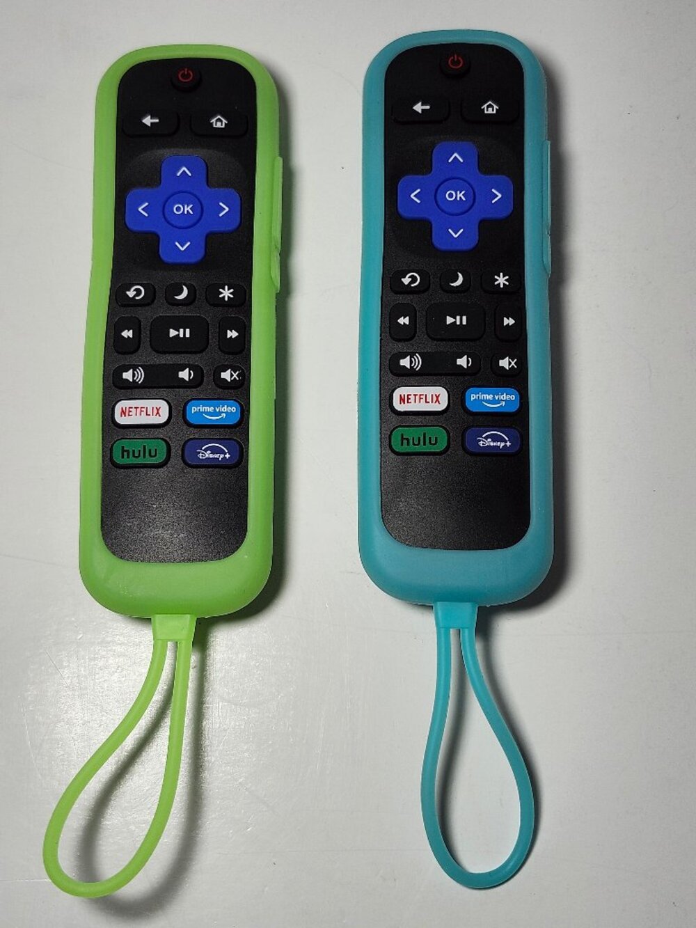 Lot of 2 Roku TV Replacement Remotes Universal Green & Blue Silicone Covers